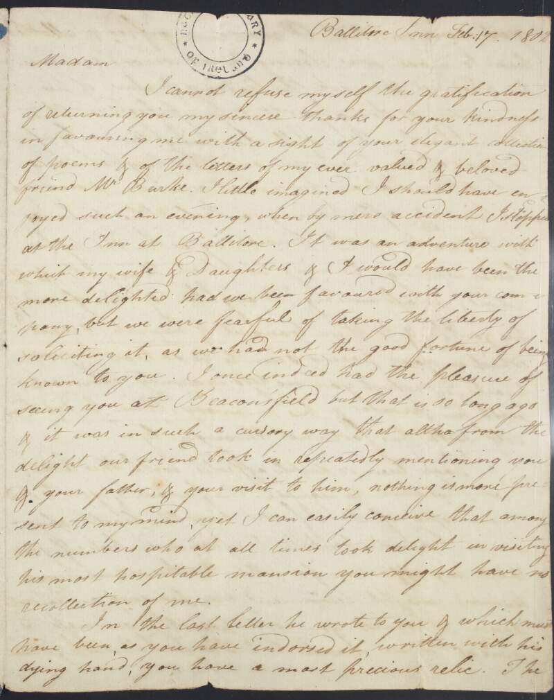 Letter from Thomas Lewis O'Beirne, Bishop of Meath, to [Mary Leadbeater], concerning her letters from his "beloved friend" Edmund Burke and requesting a copy of the last letter Burke wrote to her,