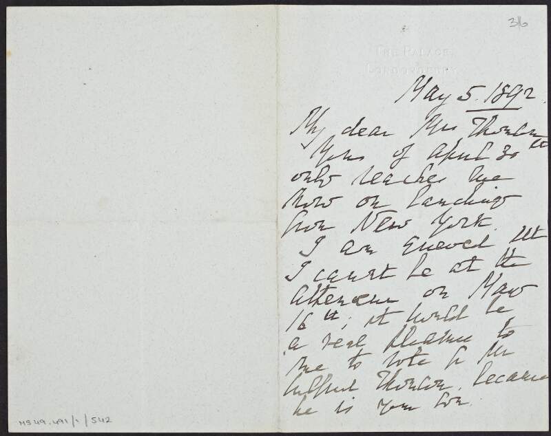 Letter from William [Deus?] to Mrs. [Thompson?] regarding being unable to attend an event on May 16th ,