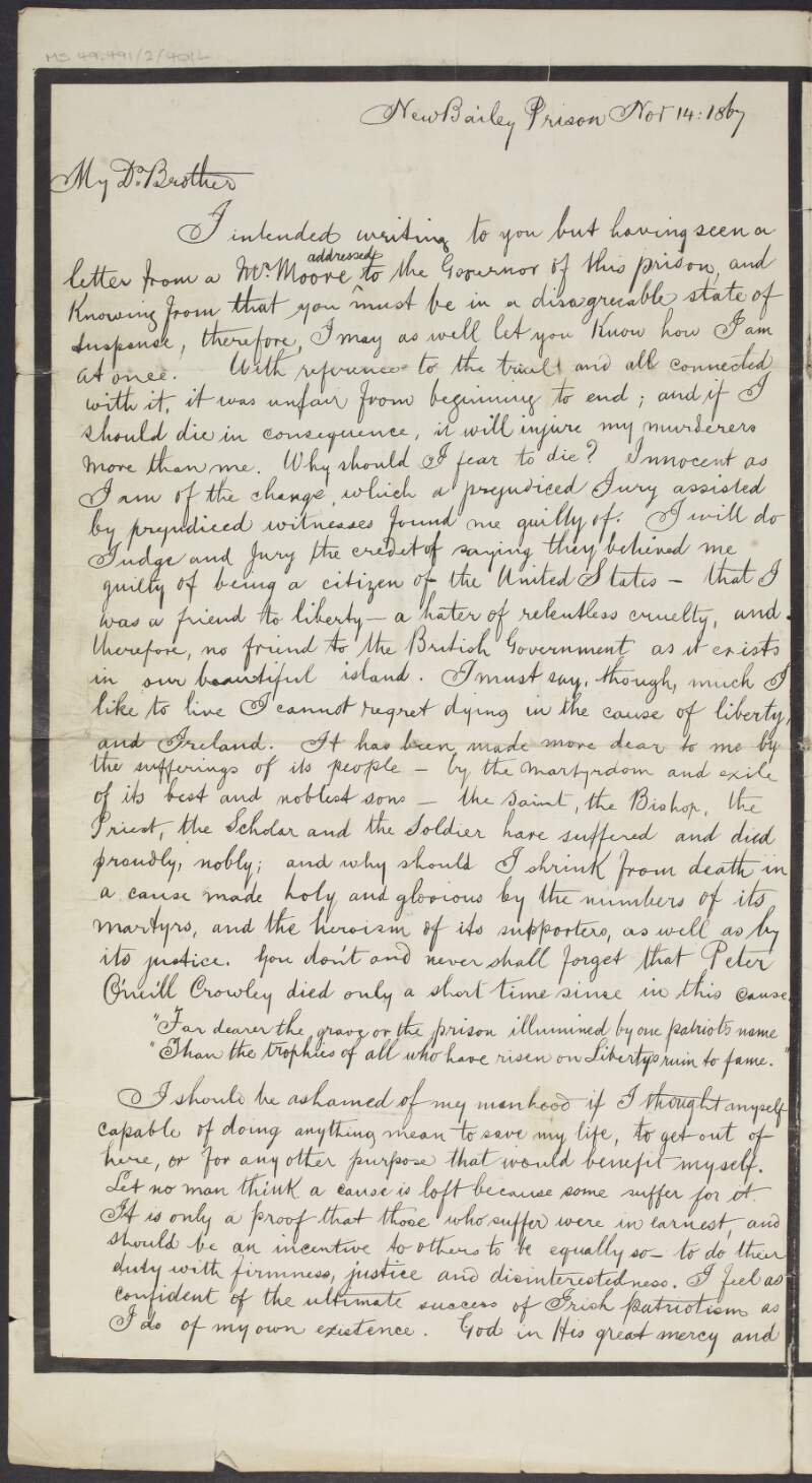 Letter from Michael O'Brien, New Bailey Prison, Manchester, to his brother, reporting on his trial which he describes as "unfair from beginning to end" and stating that he "cannot regret dying in the cause of liberty and Ireland",