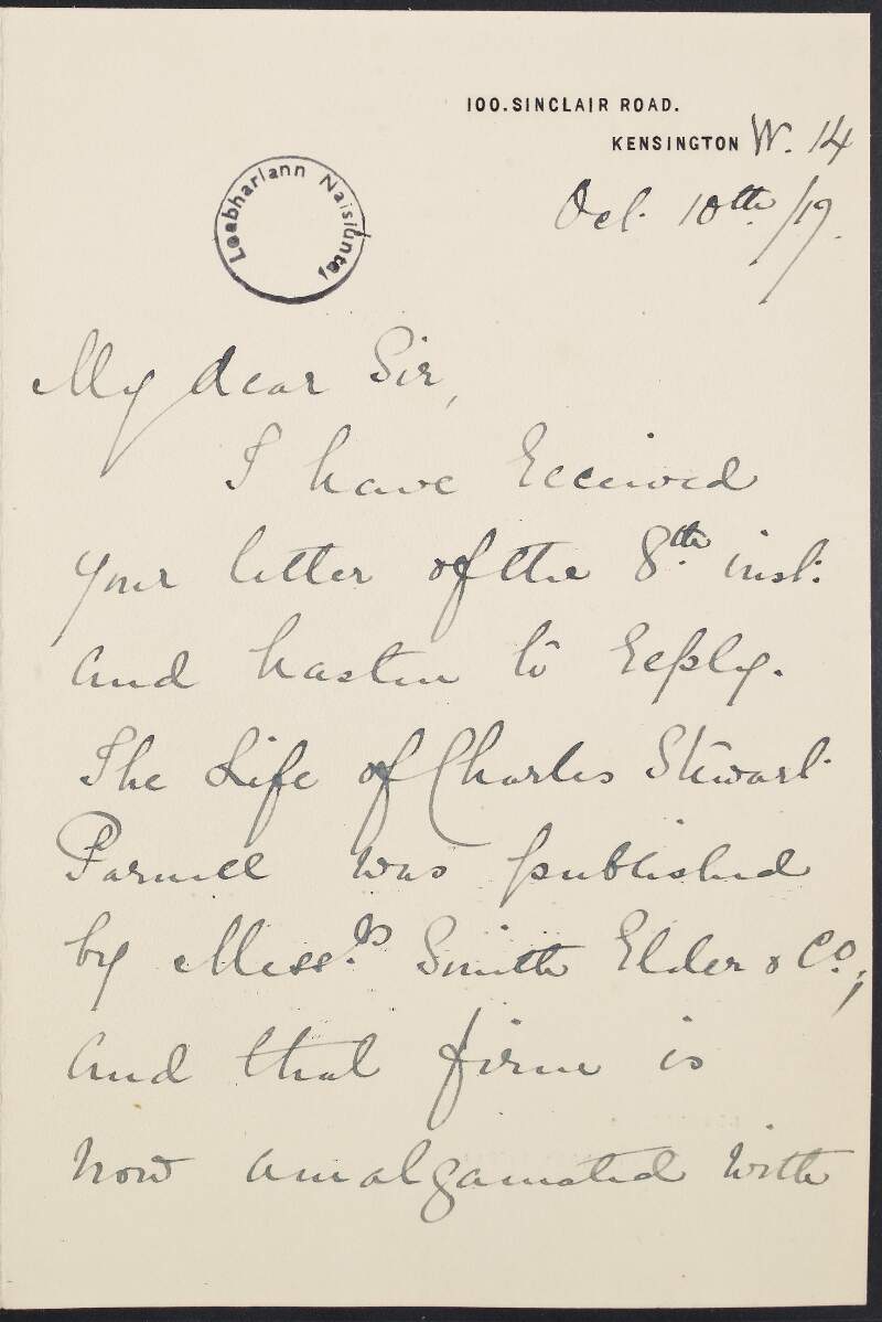 Letter from R. Barry O'Brien [son of Richard Barry O'Brien] to unknown recipient, concerning the publishers of Richard Barry O'Brien's book on Charles Stewart Parnell,