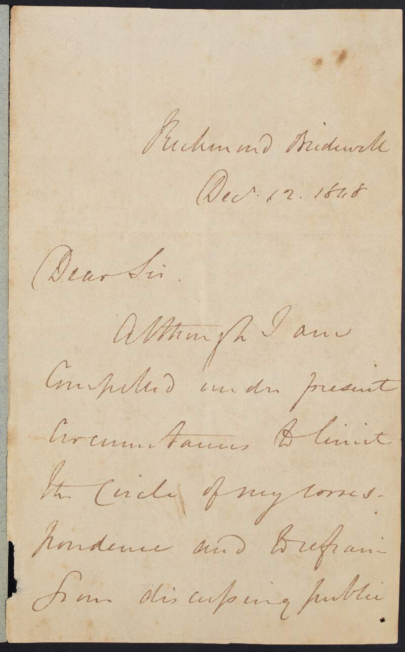 Letter from William Smith O'Brien, Richmond Bridewell, to unknown recipient, acknowledging his kindness in expressing sympathy for O'Brien in his "private communications and... published writings",