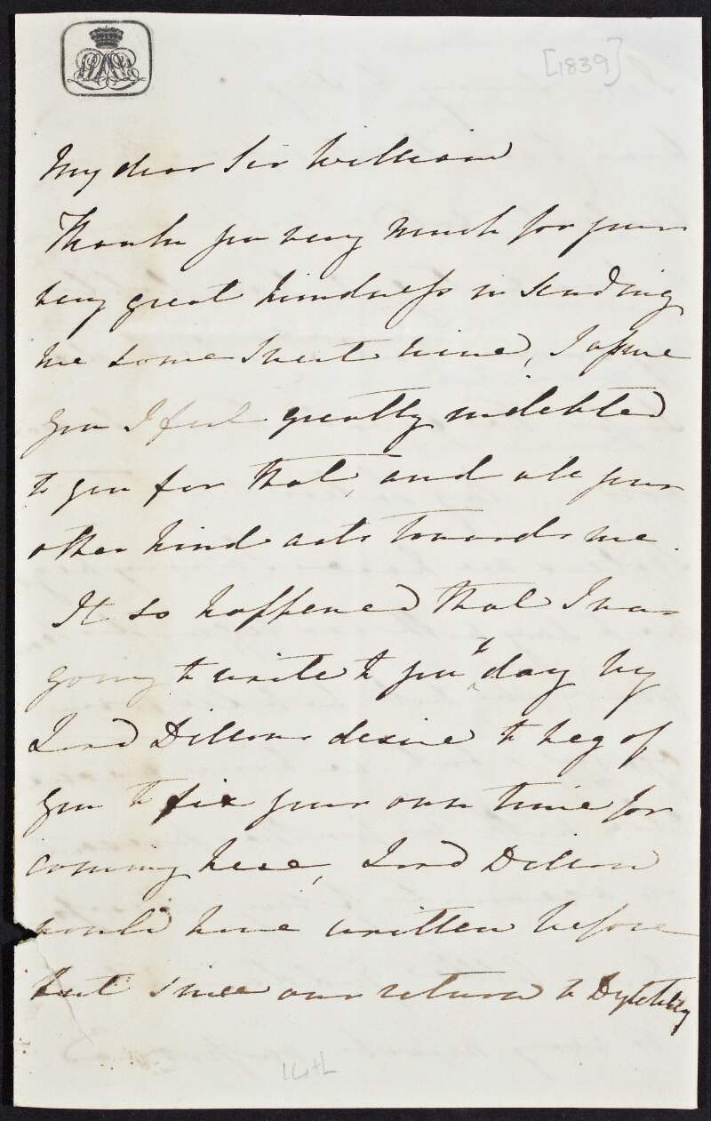 Letter from Viscount Dillon [Charles Henry Dillon] to William Dillon, informing that he has a cold and that his "little goddaughter is very much improved",