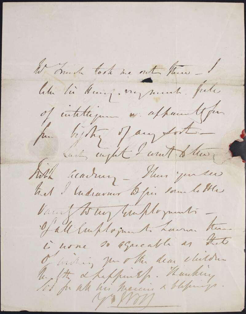 Part of letter from [William O'Brien] to Mrs William O'Brien, regarding his recent engagements and wishing her and "the dear children health and hapiness",