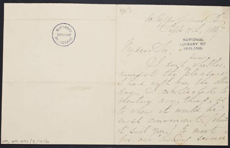 Letter from John Cornelius O'Callaghan to unknown recipient, concerning arrangments to meet for dinner which O'Callaghan refers to as "evening service",