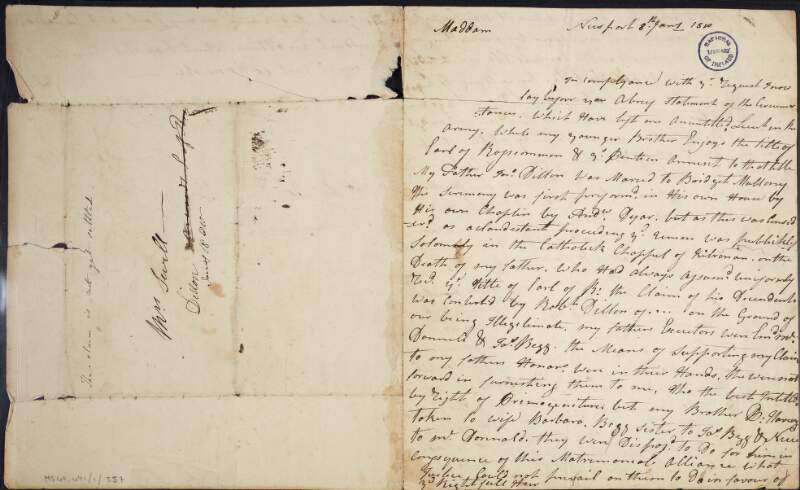 Letter from Luke Dillon to Mrs. Sewill, concerning a true and accurate account about his father's marriage to Bridget [Mallony?], his father's death and settling a claim for the rightful heir,