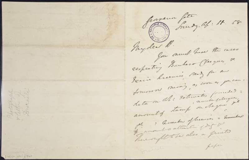 Letter from Benjamin Disraeli to unknown recipient concerning a case, expediture and receipts from last year,