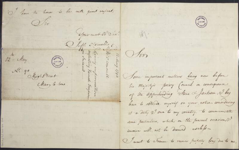 Letter from Jeff O'Connell to the privy council of George III, giving information on the arrival of three "Jacobin emissaries" in Dingle, County Kerry and their role in certain "insurrections",