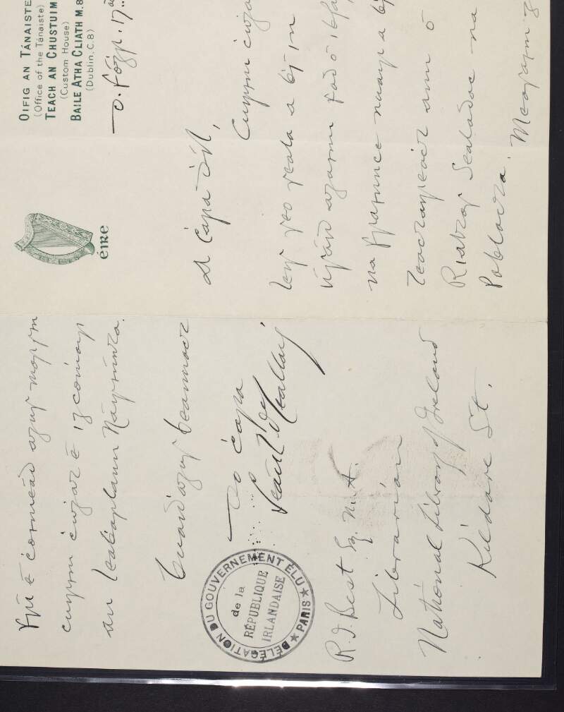 Letter from Seán T. Ó Ceallaigh to R.I. Best, National Library of Ireland, presenting to the library a seal used in Paris by the embassy of the Provisional Goverment of the Republic ,