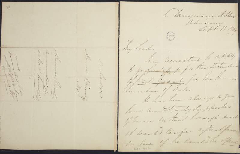 Letter from Maurice O'Connell to Thomas William Anson, Earl of Lichfield, recommending Maurice [Luinlow?] of Tralee for the position of 'Mail Guard',
