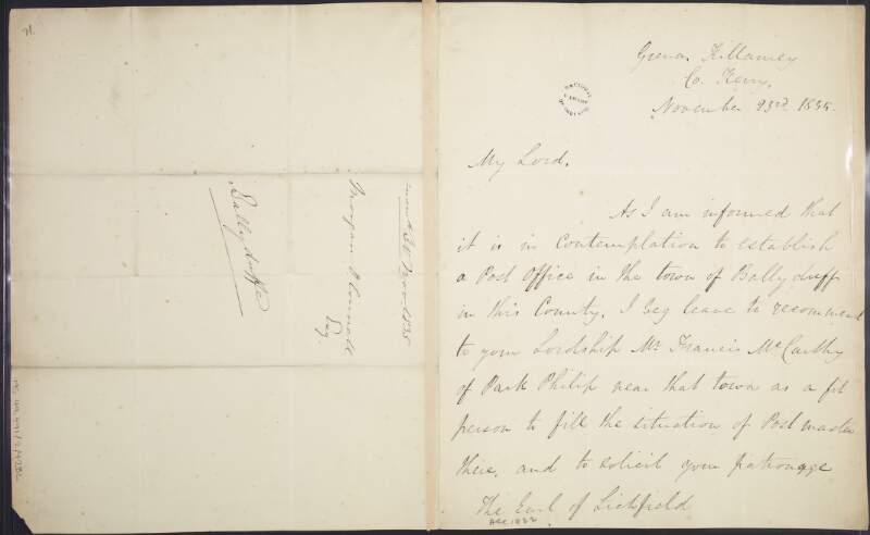 Letter from Morgan O'Connell to Thomas William Anson, Earl of Lichfield, recommending Mr Francic McCarthy for the position of "post master" in the town of Ballyduff, County Waterford,