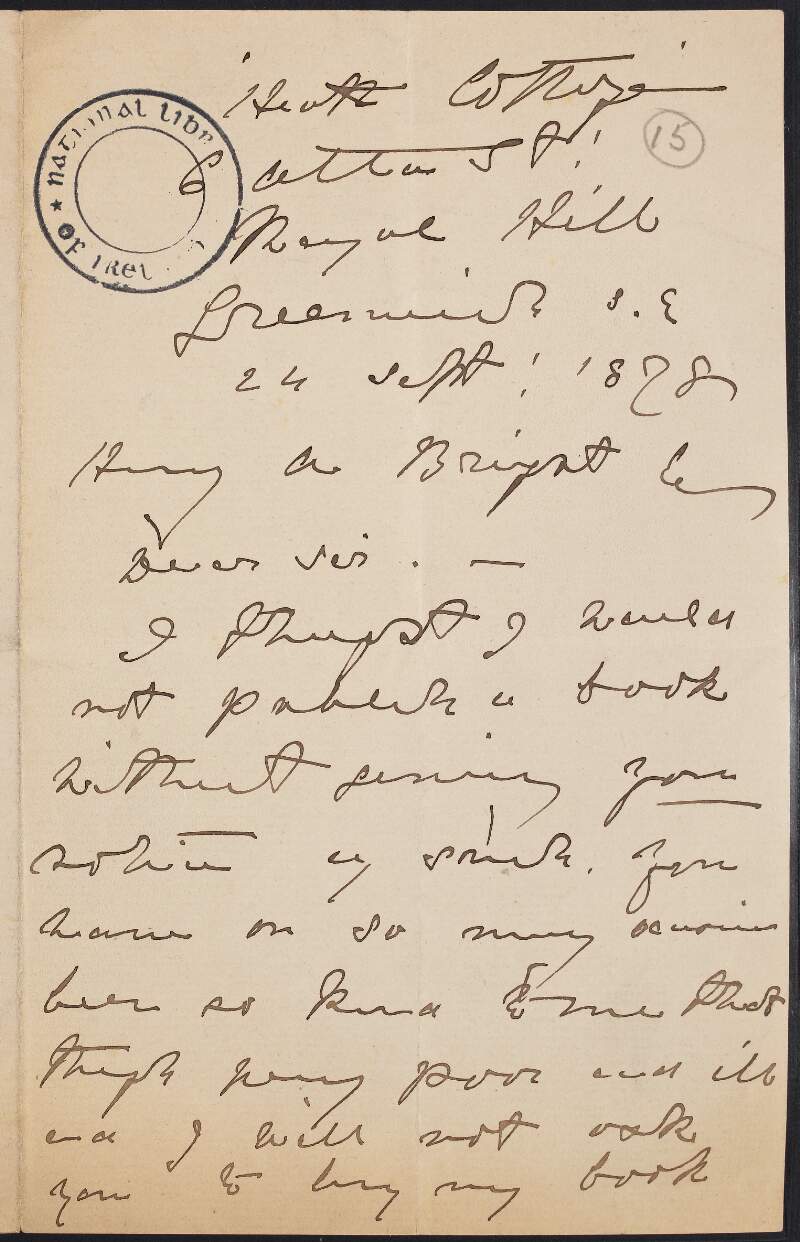 Letter from Charles P. O'Connor to Henry Arthur Bright, asking him to accept a copy of his published book as "you have on so many occassions been so kind to me",