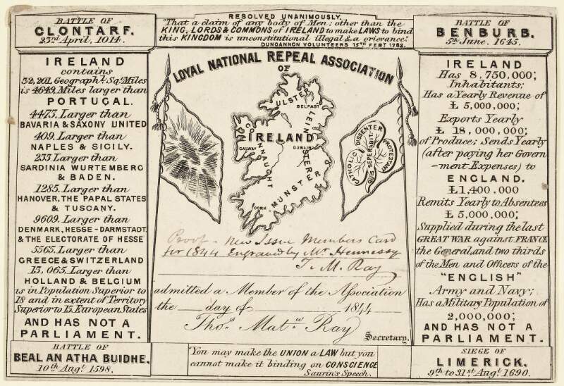 [Membership card] Loyal National Repeal Association : ... admitted a Member of the Association ... the ... day of ... 1844 , Thos. Math.[Thomas Mathew] Ray, Secretary.