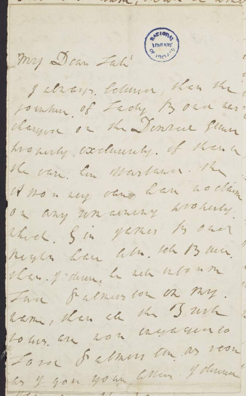 Letter from John Hely-Hutchinson, Earl of Donoughmore to D.G. Lube, concerning the fortune of Lady Bowd,