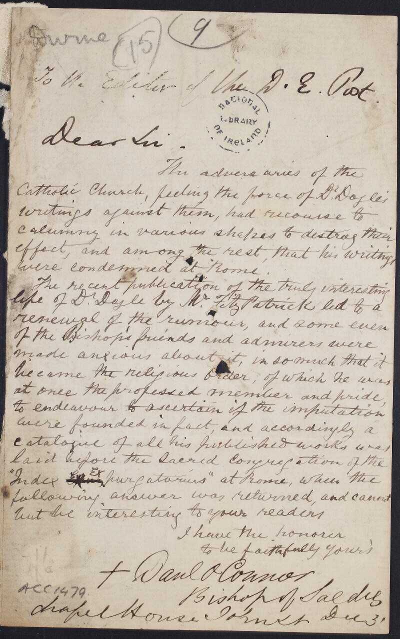 Letter from Daniel O'Connor, Bishop of Saldes, to "The Editor of the "D. E. Post", concerning the publication of 'The Life and Times of Bishop Doyle' by William Fitzpatirck, and its reception by the Augustinian order,