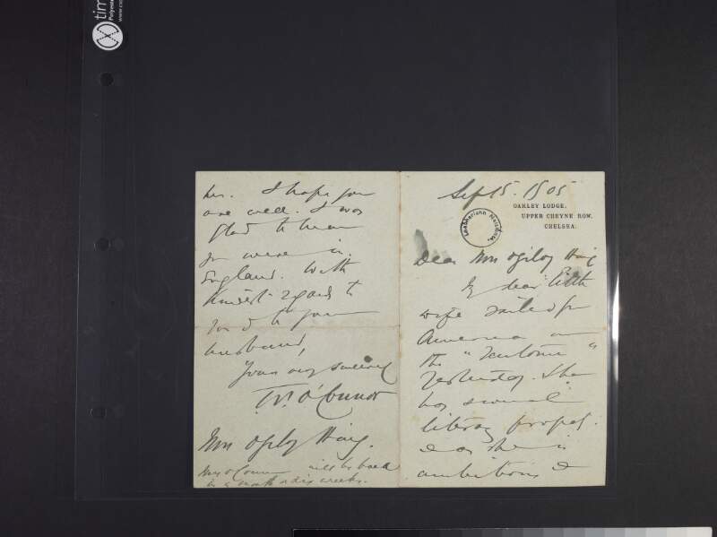Letter from T.P. O'Connor to Mrs. Haig, concerning his wife's trip to America,