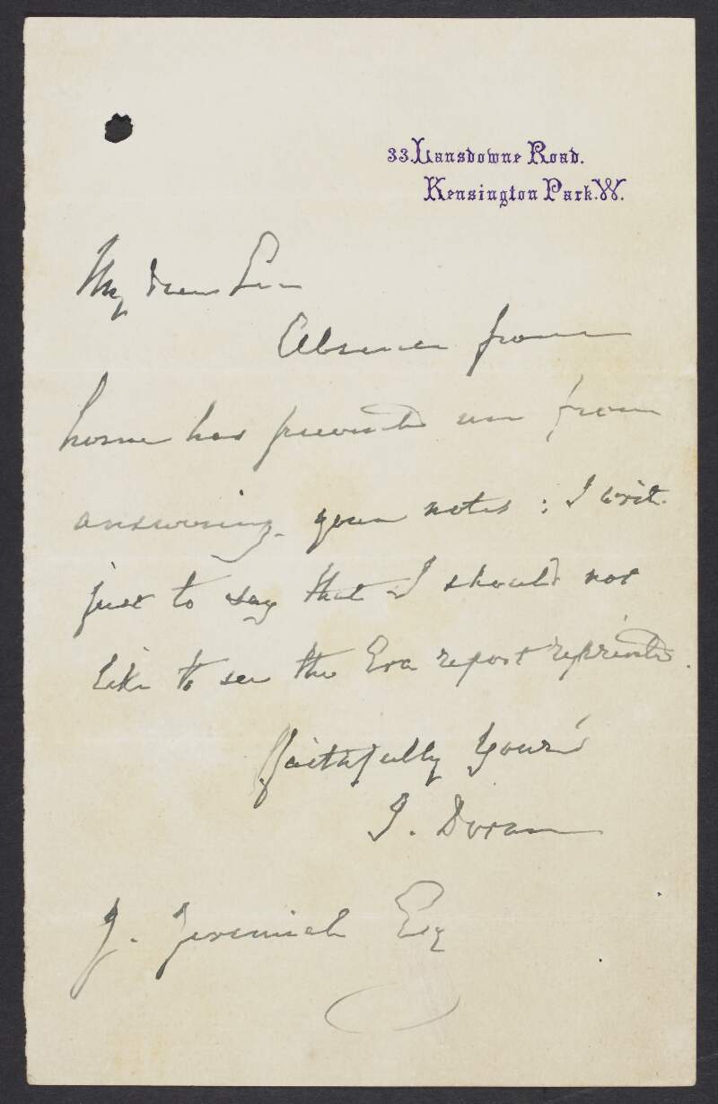 Letter from John Doran to J.Jeremiah, explaining that he does not need to see the "Era report reprints",