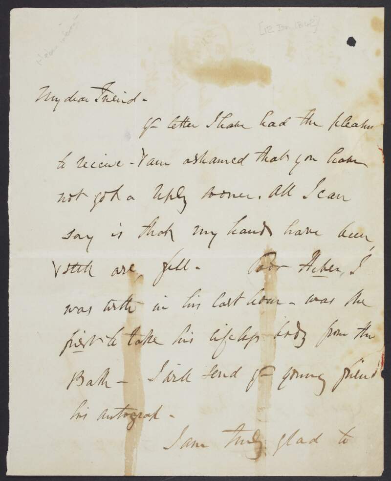 Letter from J.W.Doran to [R.E. Moon?], regarding replying sooner and that he was with someone until their last hour,