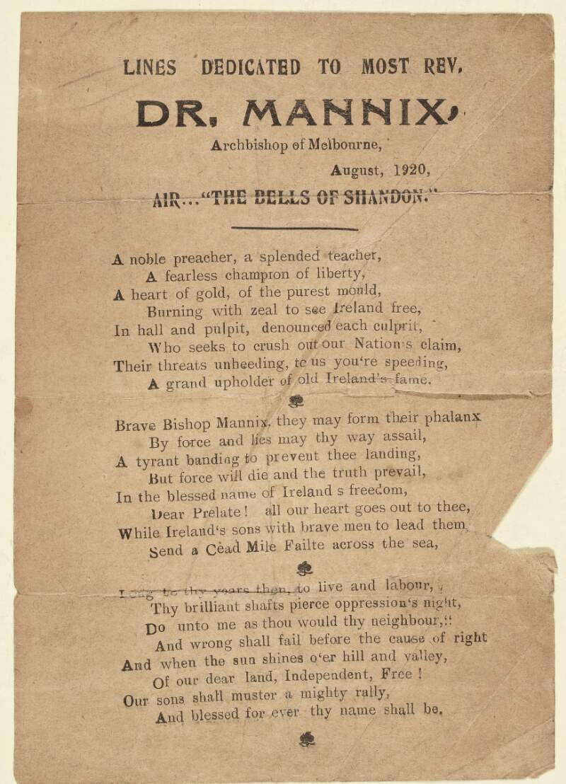 Lines dedicated to Most Rev. Dr. Mannix Archbishop of Melbourne : August, 1920, Air ... "The Bells of Shandon."