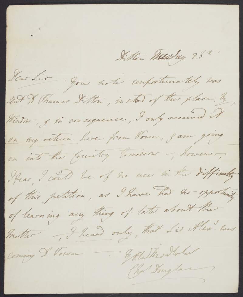 Letter from Charles Douglas to unknown recipient regarding a petition,