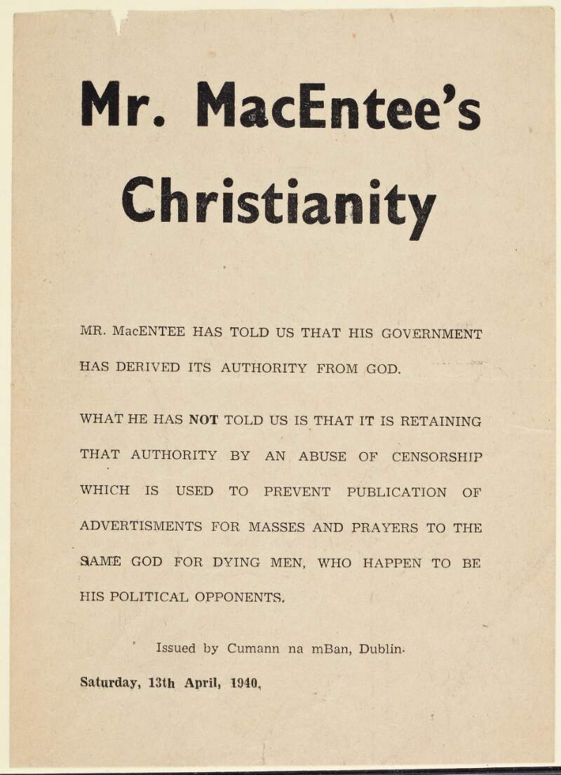 Mr.MacEntee's Christianity : Mr.MacEntee has told us that his government has derived its authority from God.