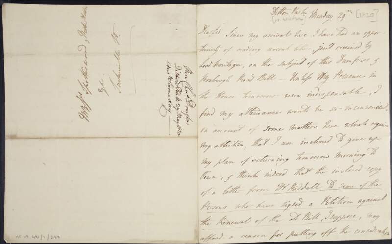 Letter from Charles Douglas to Spottiswoode & Robertson, solicitors, Sackville Street, London regarding the Dumfries and Roxburgh Road Bill,