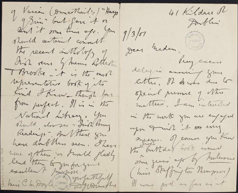 Letter from D.J. O'Donoghue to Crissie M. Doyle, advising her on the best sources for the compilation of a book of quotations from Irish poetry and literature, in the style of Emily Skeffington Thompson's  'Irish birthday book',