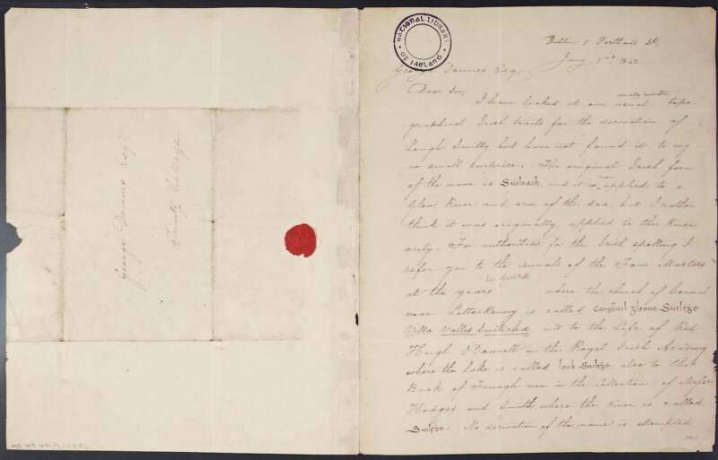 Letter from John O'Donovan to George Downes, concerning the orthography and etymology of the place-name "Lough Swilly",