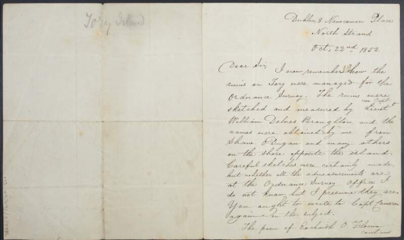 Letter from John O'Donovan to Edmund Getty, regarding the survey and sketches of the ruins on Tory Island, County Donegal, and the origin of the Irish word for oats,