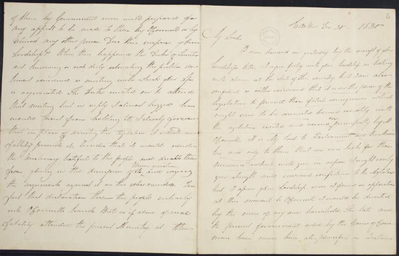 Letter from James Warren Doyle to a "Lord", concerning political affairs such as the agitation against the payment of tithes and legislation to prevent "fatal consequences",