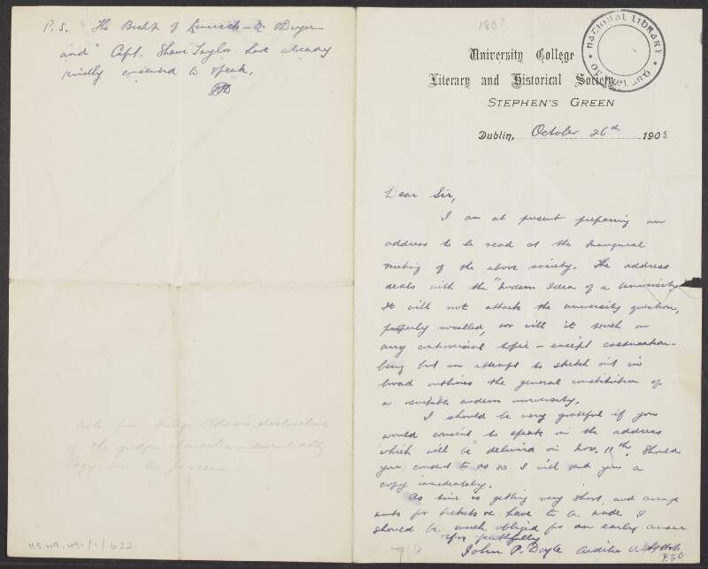 Letter from John P. Doyle, Auditor of the Literary and Historical Society at University College Dublin, to Judge Adams, inviting him to speak at the Inaugural meeting,