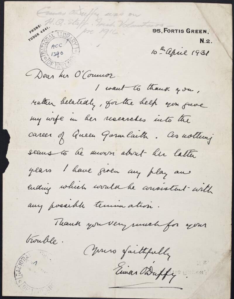 Letter from Eimar O'Duffy to Patrick O'Connor, thanking him for helping his wife with her research concerning "Queen Gormlaith",