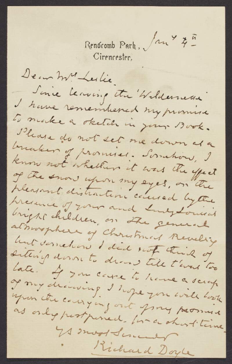 Letter from Richard Doyle to Mrs. Leslie, regarding carrying out a sketch for her book,
