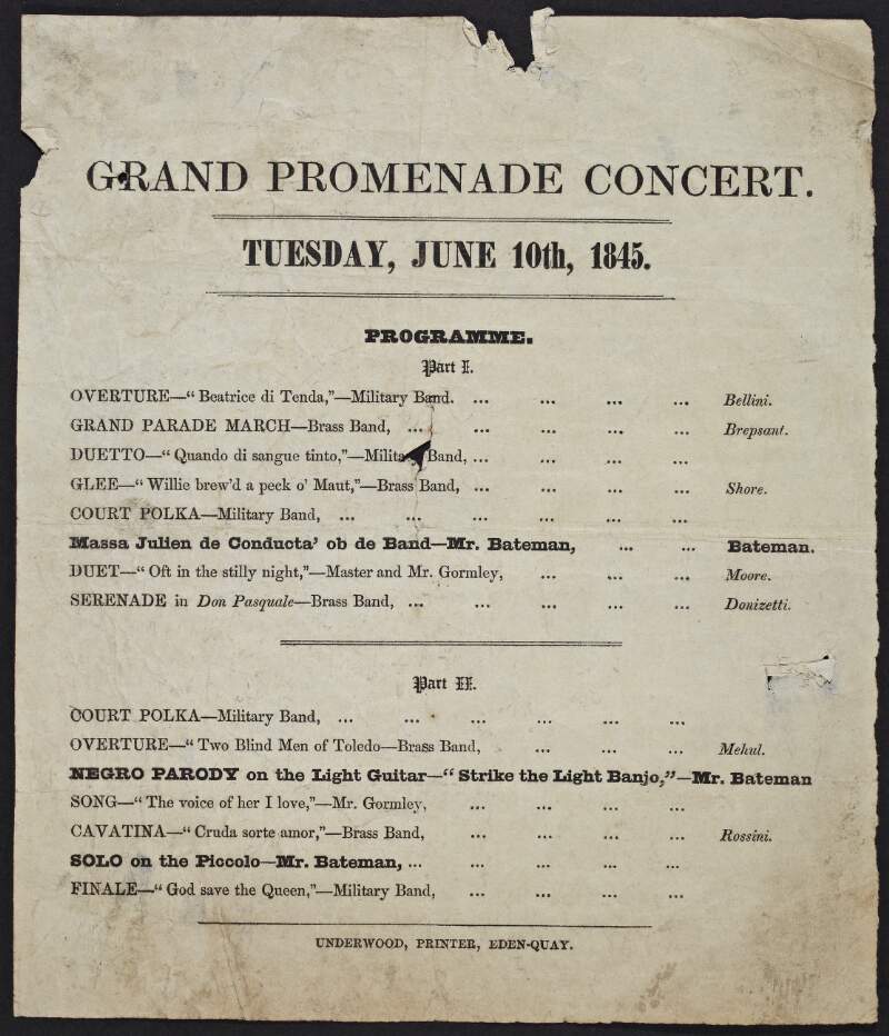 Grand promenade concert Tuesday, June 10th, 1845. Programme.