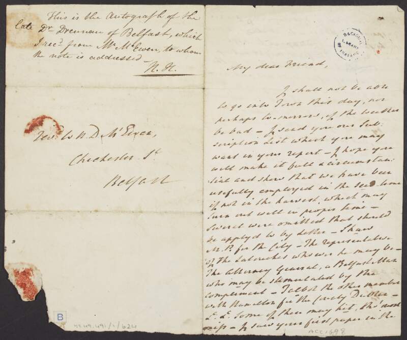 Letter from William Drennan to Mr. McEwen, discussing his paper and saying he cannot go somwhere due to the bad weather,