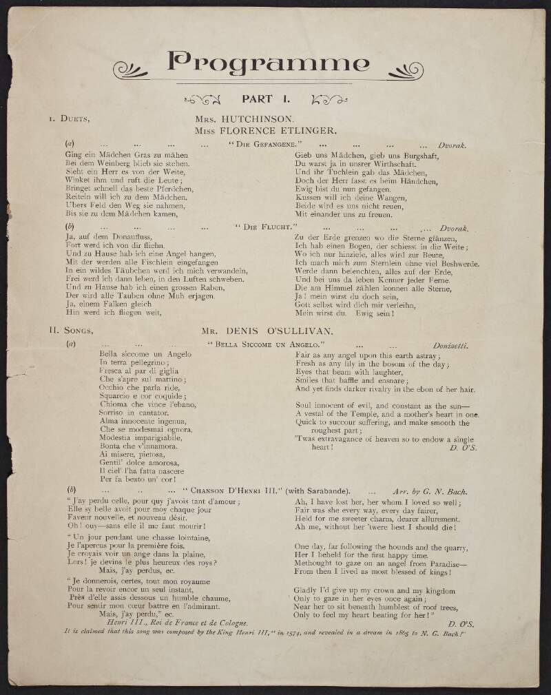 [Concert programme with lyrics printed on sheet in English, German, French and Italian]