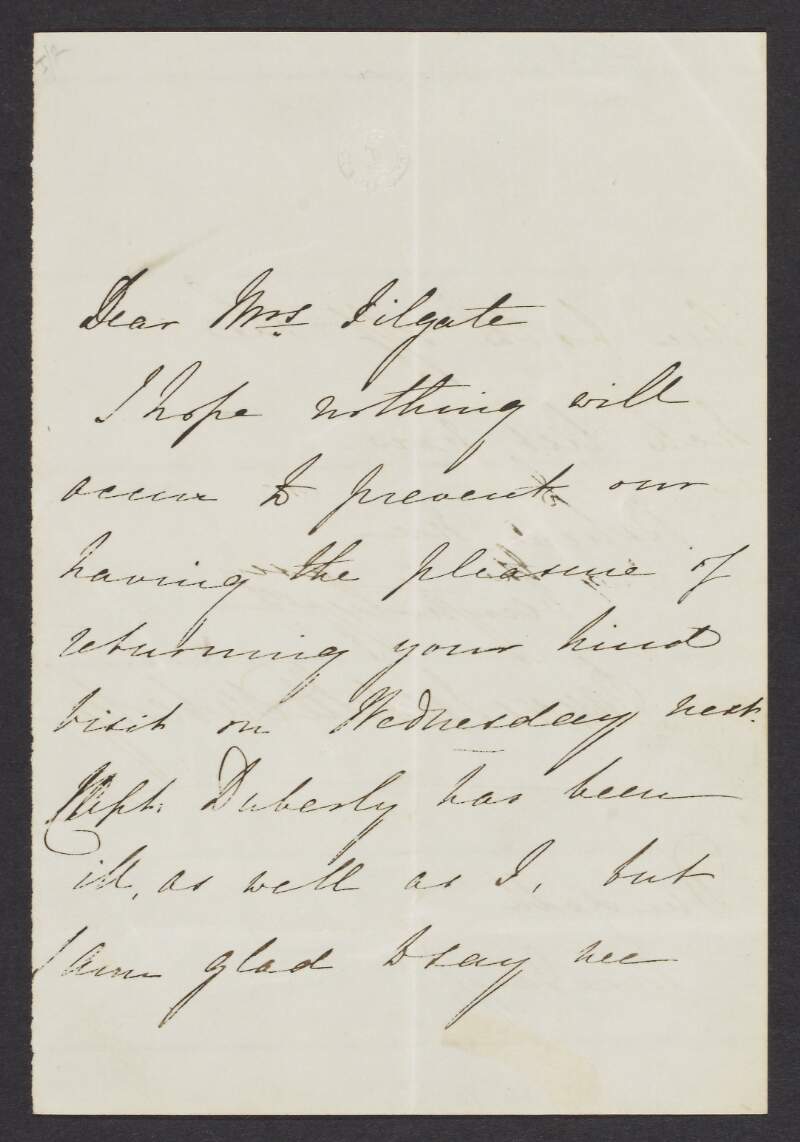 Letter from Frances Isabella Locke Duberly to Mrs. Bilgate, saying that she and Captain Duberly have been ill and is referring to a list,