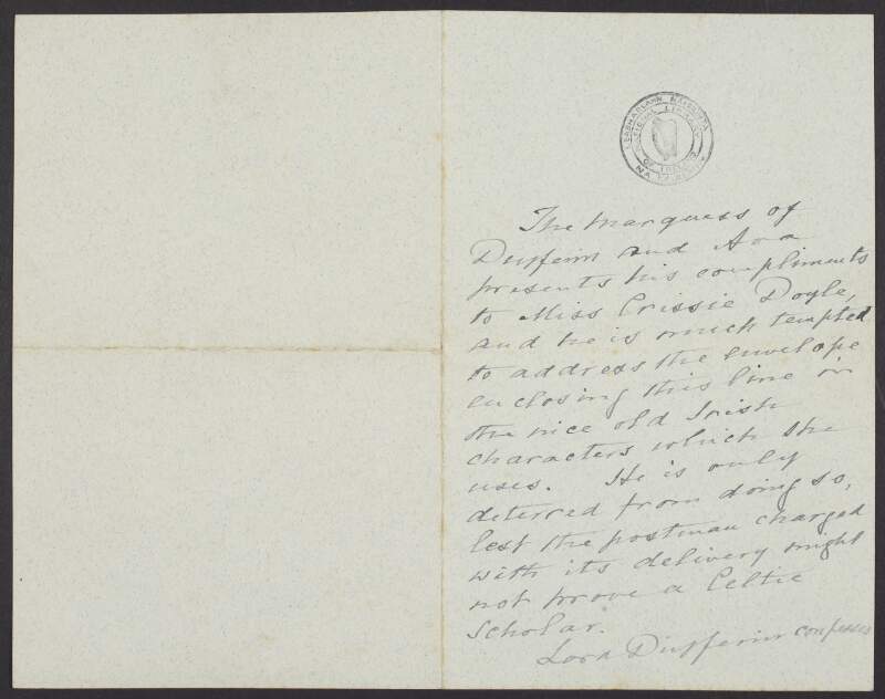 Letter from  Marquis of Dufferin and Ava [Frederick Temple Blackwood] to Crissie M. Doyle, sending his compliments,