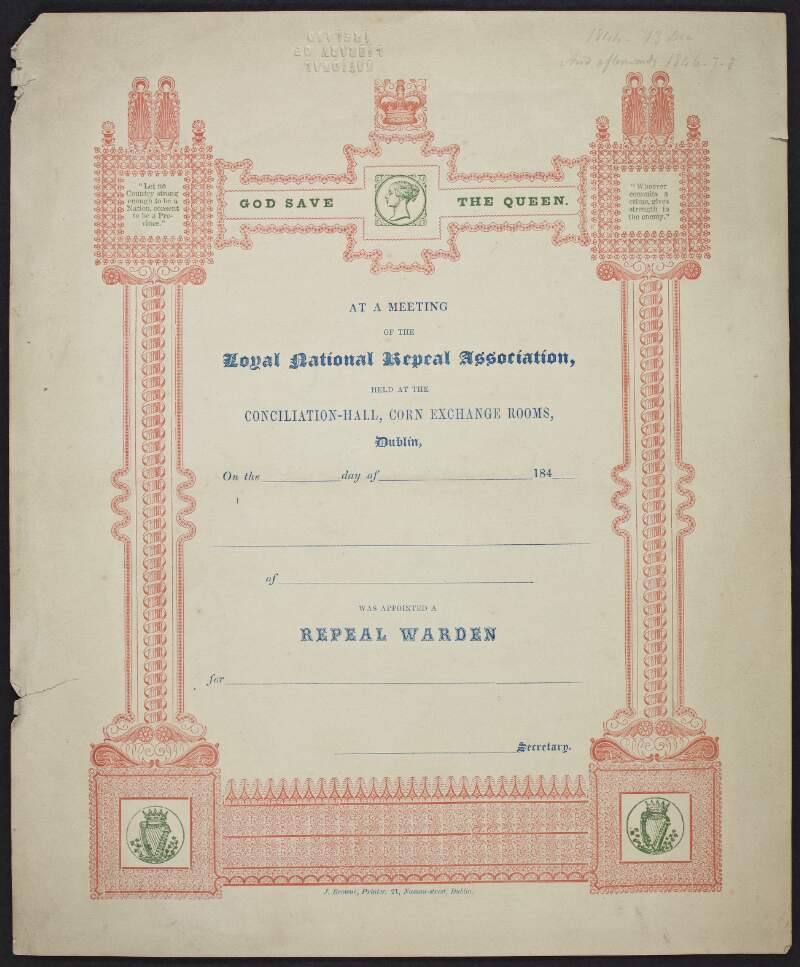 [Repeal Warden certificate] At a meeting of the Loyal National Repeal Association, held at the Conciliation-Hall, Corn Exchange Rooms, Dublin ... /