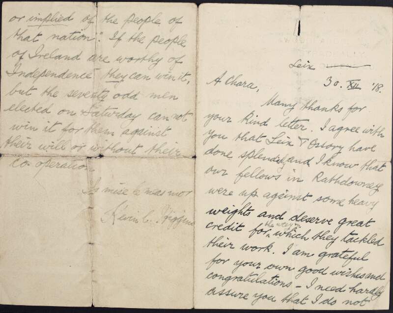 Letter from Kevin Christopher O'Higgins to unknown recipient, concerning his recent election as MP for "Leix" and expressing his view that independence was attainable "if the people stand solidly together",