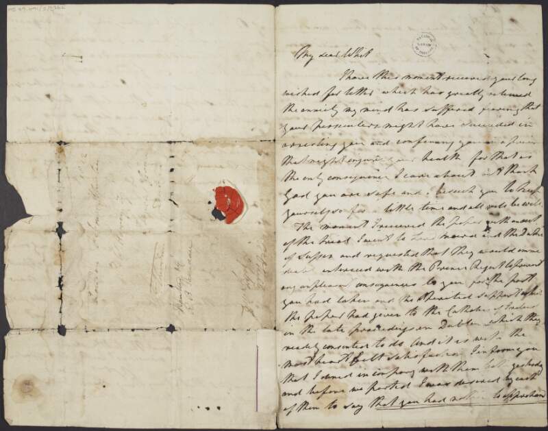 Letter from Colonel [Andrew] O'Kelly to Philip Whitfield Harvey, concerning certain charges against Harvey and stating that he has approached the Earl of Moira and the Duke of Sussex to intercede with the Prince Regent on Harvey's behalf,