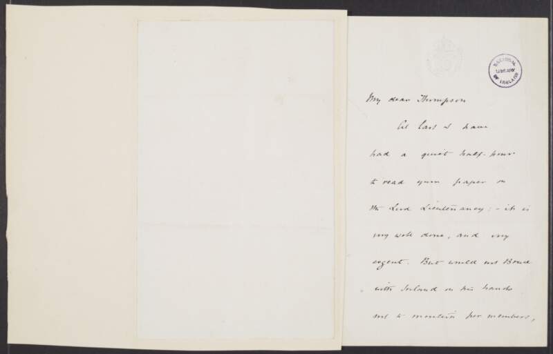 Letter from Marquis of Dufferin and Ava [Frederick Temple Blackwood] to Mr. Thompson, regarding his paper on the Lord Lieutenancy,
