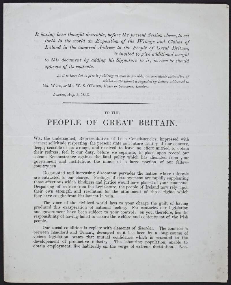 To the people of Great Britain : we, the undersigned, representatives of Irish constituencies ... /