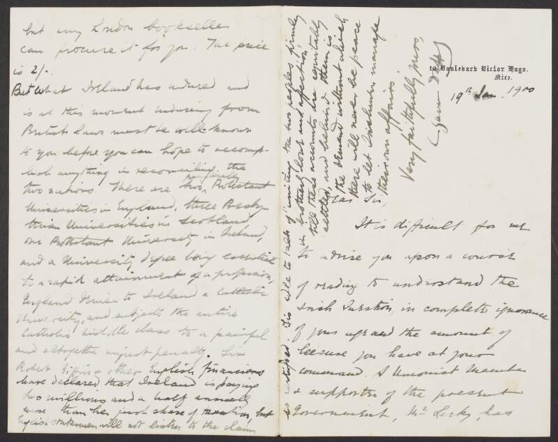 Letter from Charles Gavan Duffy to [Edwin Ashworth?], Lancashire, concerning an Irish political question,