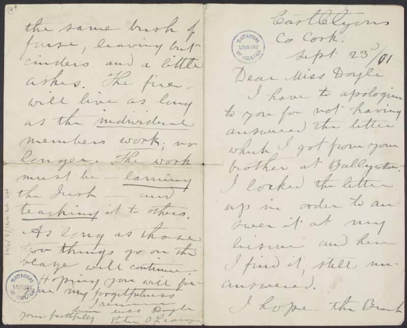 Letter from Peter O'Leary to Crissie M. Doyle, giving his blessing to the new [Gaelic League] branch and stating the importance of the work of individuals in learning and teaching Irish,