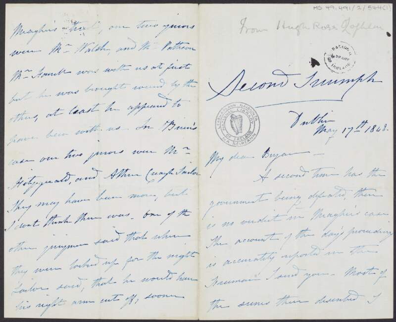 Letter from Hugh Ross O'Loughlen to Bryan O'Loughlen, describing in detail the trial of Thomas Francis Meagher and his defence by Isaac Butt,