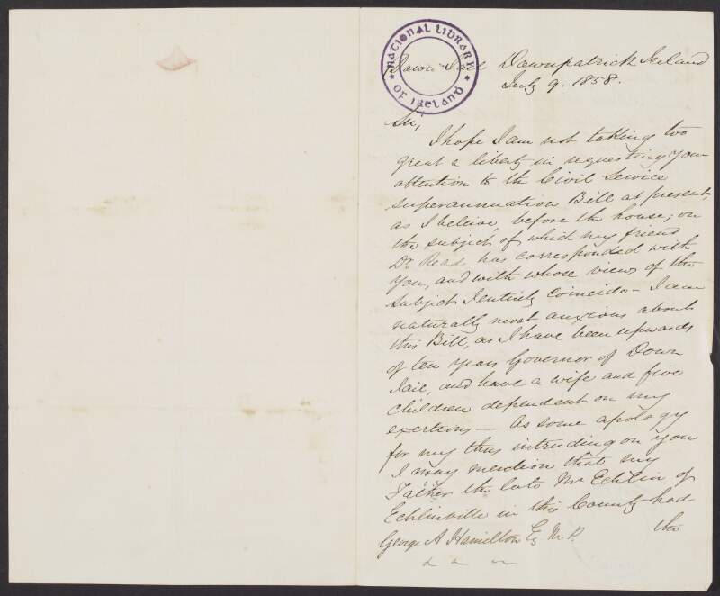 Letter from George F. Echlin, Governor of Downpatrick, to George Hamilton, concerning the Civil Service Superannuation Bill,