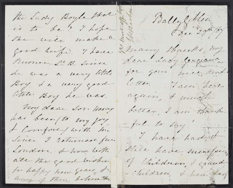 Letter from Lady Becher, Eliza O'Neill to "Lady Georgina", discussing news of her family and friends,