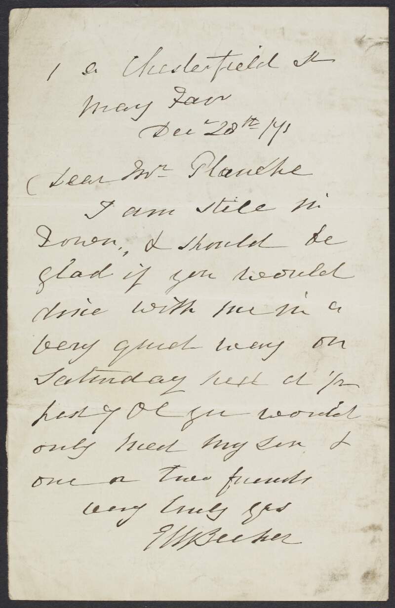 Letter from Lady Becher, Eliza O'Neill to Mr. Plauche, inviting him to dine with her, along with her son and some friends, on Saturday,