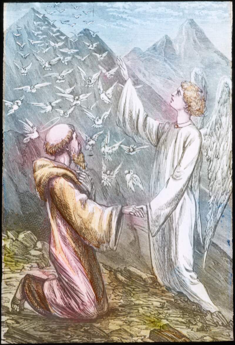 Angel brings white bird to Saint Patrick.