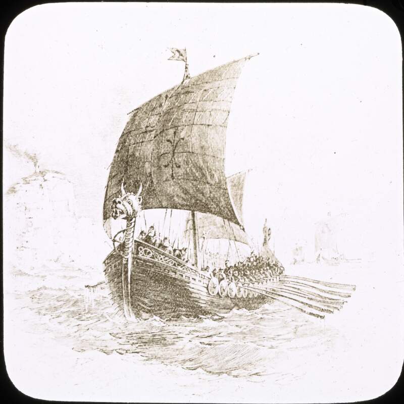 Pen drawing: Danish warship, wth armed men at moars at sea.